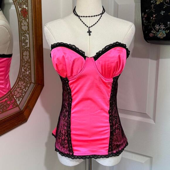Wet Seal Native Intimates Hot Pink & Black Lace Strapless Bustier Top 36B - Picture 1 of 8